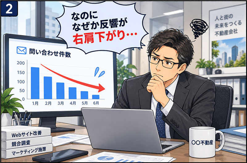 2コマ目：なのになぜか反響が右肩下がり…