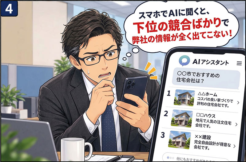 4コマ目：スマホでAIに聞くと、下位の競合ばかりが紹介されていた！