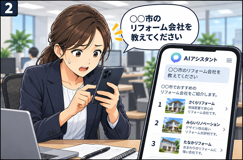 2コマ目：ChatGPTに「〇〇市のリフォーム会社」と聞いてみる