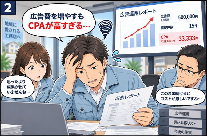 2コマ目：広告費を増やすもCPAが高すぎる。