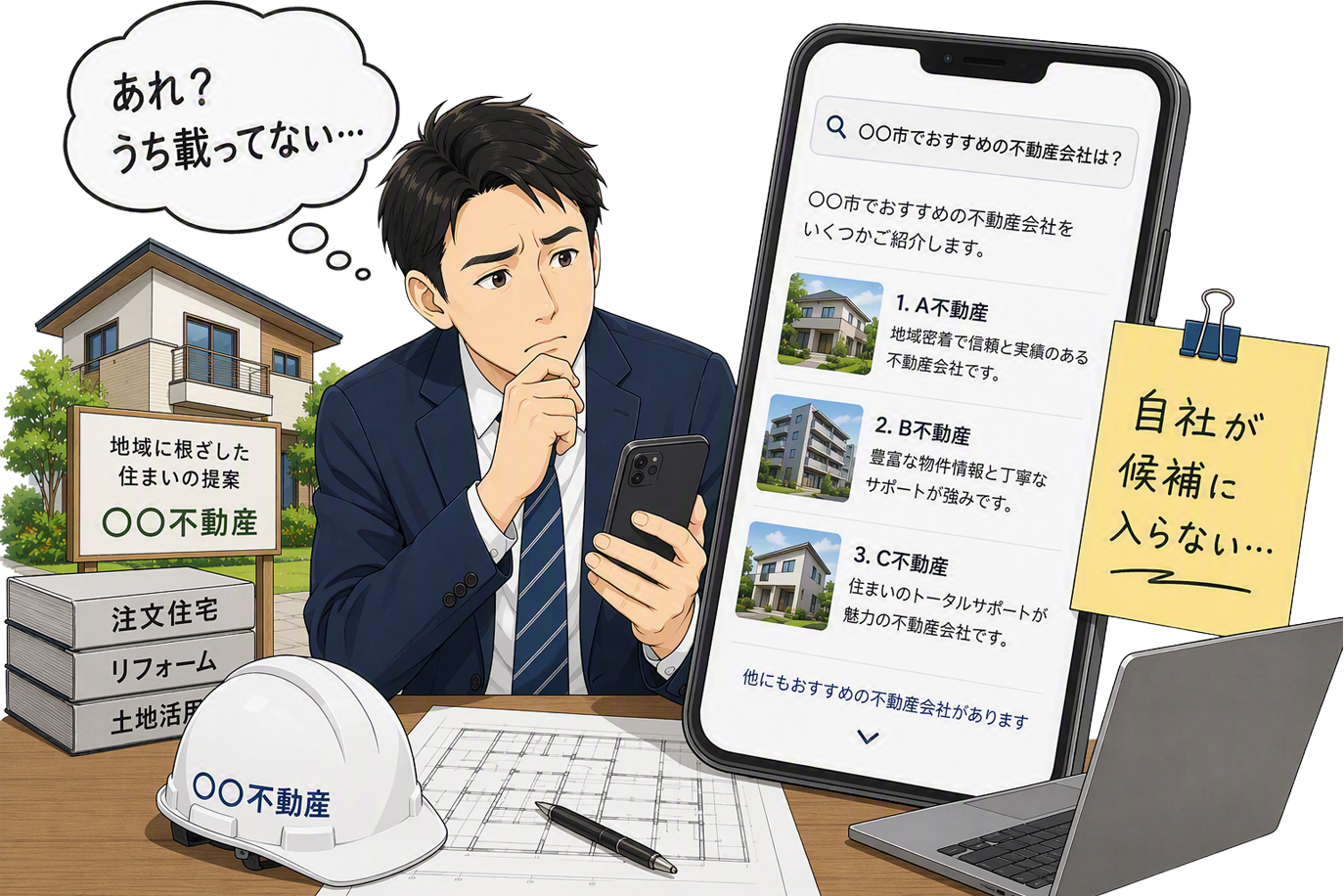 スマホのAI検索で自社の工務店名が出てこず悩んでいる様子